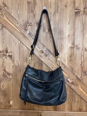 Margot Black Leather Hobo Shoulder Bag Crossbody Purse Gold Zipper Hardware (958
